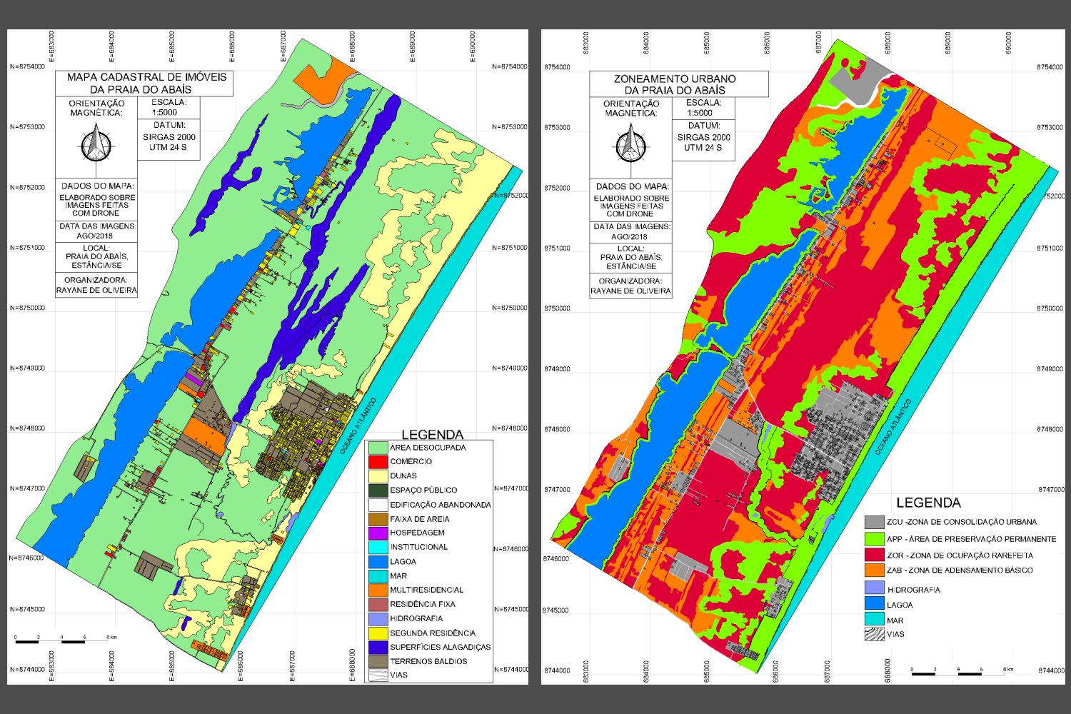 À esquerda, mapa de ocupação do solo urbano da praia do Abaís; à direita, Zoneamento Urbano da praia do Abaís (fonte: dissertação da autora):