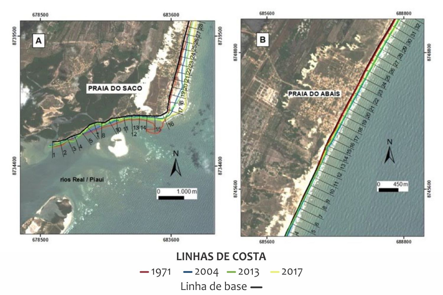 Variação da linha de costa entre 1971 a 2017 nas praias do Saco e Abaís. (Foto: Acervo LACMA / PGAB-UFS)
