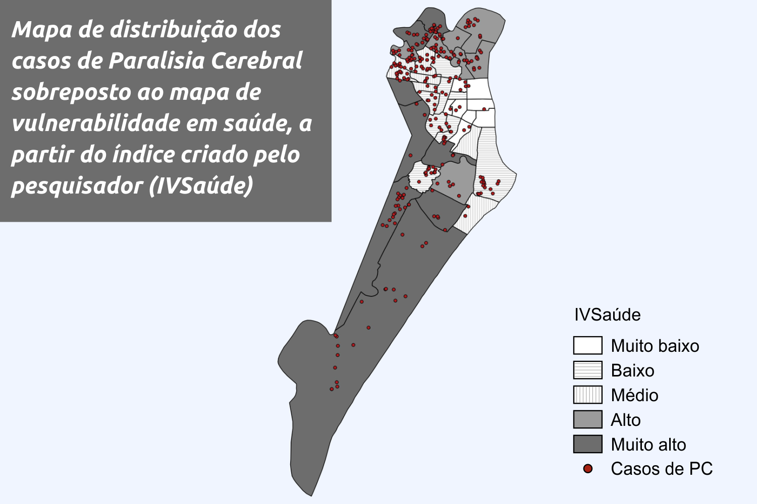 No mapa de Aracaju, é possível perceber a relação entre a prevalência de casos de paralisia cerebral e as regiões mais vulneráveis em relação à saúde. (Infográfico: tese do pesquisador – adaptado por Marcilio Costa)