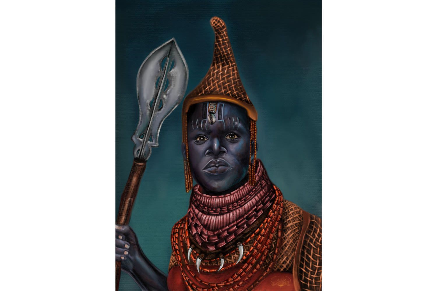 Iyoba Idia: rainha-mãe do reino do Benin (povo Edo, atualmente uma região da Nigéria) que assumiu o comando militar no século XVI e garantiu vitórias importantes. Ilustração de Wannata Rodrigues.