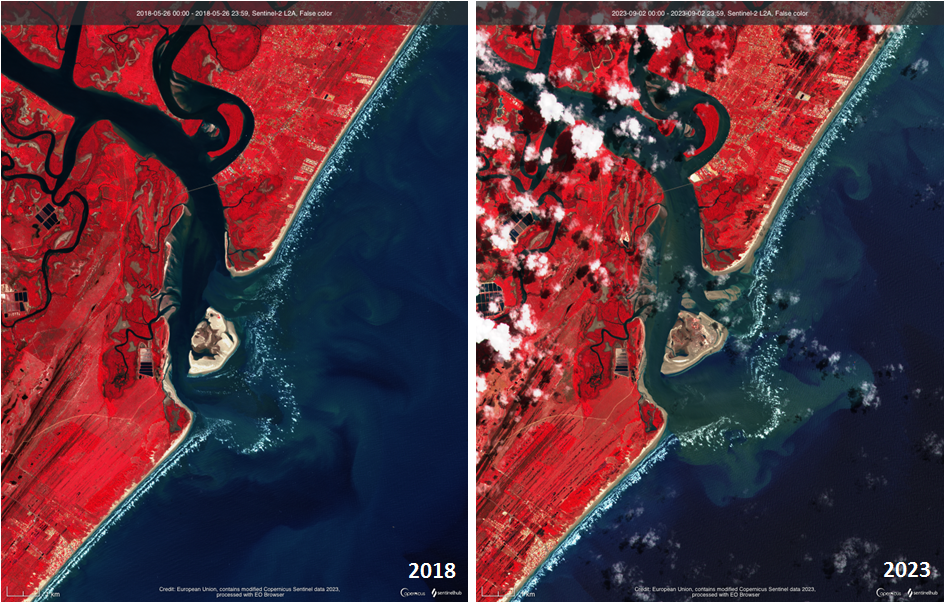 Imagens de satélite mostram avanço do mar na praia em cinco anos. Foto: Laboratório de Progeologia